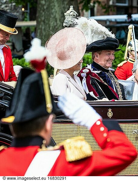 The Queen and other members of the Royal Family attend a service for the Most Noble Order of the Garter at St. Georges Chapel in Windsor Castle. The Kings of Spain and The Netherlands are also attending and being installed as Supernumary Knights of the Garter - King Willem-Alexander