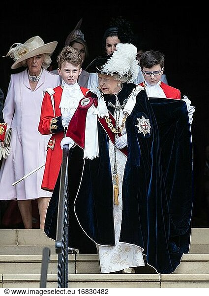 The Queen and other members of the Royal Family attend a service for the Most Noble Order of the Garter at St. Georges Chapel in Windsor Castle. The Kings of Spain and The Netherlands are also attending and being installed as Supernumary Knights of the Garter - Queen Elizabth II.