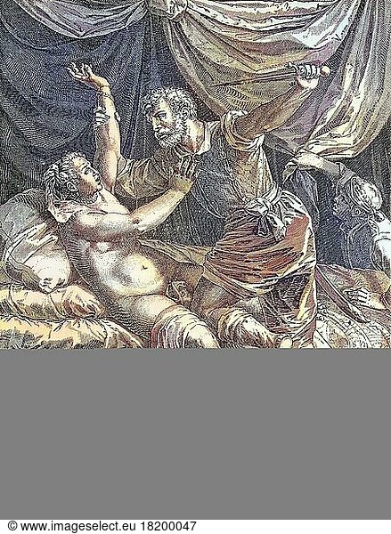 The Rape of Lucretia  Lucretia was a Roman woman from the mythical early period  daughter of Spurius Lucretius Tricipitinus and woman of Collatinus from the royal family of the Tarquinians. She was famous for her beauty and even more for her virtue  copper engraving by Cornelio Cort after the painting by Zizian  1570  digitally restored reproduction of a 19th century original  exact original date not known