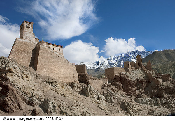 The restoration of the citadel and temples of Basgo  perched on an eroded hillside  an example of a successful restoration project  Ladakh  India  Asia