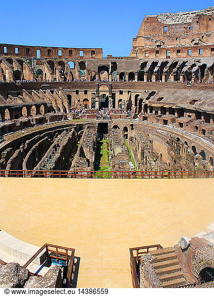 The Roman Collosseum (also known as the Flavian Amphitheatre)  an elliptical amphitheatre in the centre of Rome  Italy. Considered one of the greatest works of Roman architecture and engineering. Built from concrete and stone  with construction starting under the emperor Vespasian in 70 AD  finished in 80 AD under Titus. The amphitheatre also underwent modifications during the reign of Domitian. Named for its association with the Flavius family name of which these 3 emperors belonged. The Collosseum seated 50 000 spectators to view gladiatorial contests and performances. It was later repurposed for many other uses. One of the outstanding physical representations of Imperial Rome.