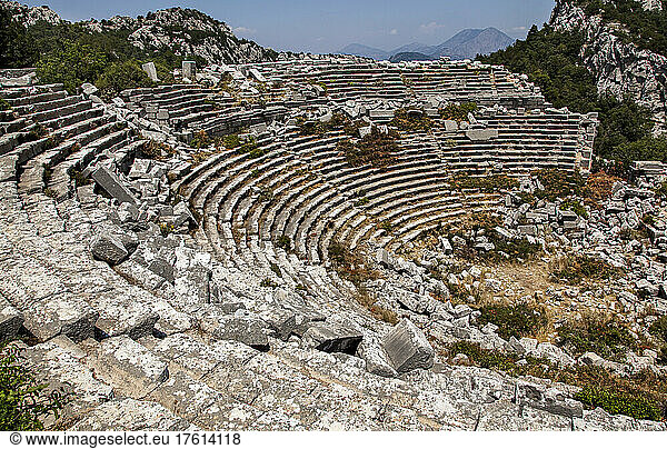 The Roman theatre in the ruins of the city of Termessos in the mountains near Antalya near the Mediterranean coast of Anatolia; Termessos  Antalya  Turkey