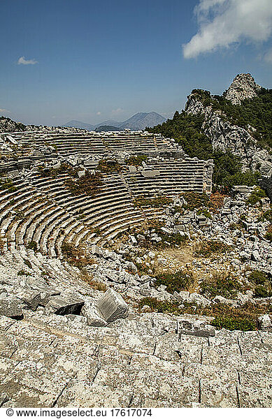 The Roman theatre in the ruins of the city of Termessos in the mountains near Antalya near the Mediterranean coast of Anatolia; Termessos  Antalya  Turkey
