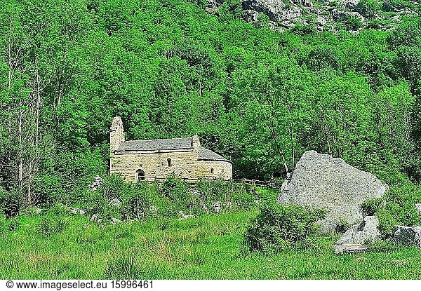 The Romanesque church of Saint Martin de Envalls  in the French Pyrenees. Angoustrine-Villeneuve-des-Escaldes town  Pyr?n?es-Orientales department  France