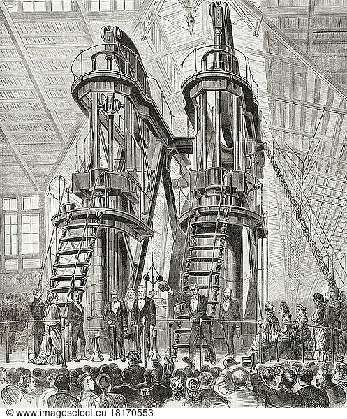The rotative beam engine known as the Corliss Centennial Engine which supplied power to most of the exhibits at the Centennial Exposition in Philadelphia in 1876. After an illustration in Frank Leslie's historical register of the United States Centennial exposition  1876