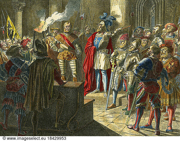 The Sack of Rome  6 May 1527.(Looting of the city of Rome by the Spanish and German troops of Charles V.).“The Constable of Bourbon (giving the order to plunder).(Charles V).Wood engraving  around 1860  after a drawing by Wilhelm Camphausen (1818–1885).Lithograph  coloured later.