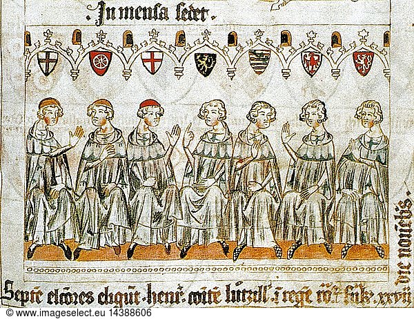 The seven electors choose Henry  Count of Luxembourg  as King of the Romans at Frankfurt on the 27th day of November." The "Seven Prince pen-and-ink miniature from the picture chronicle of Henry VII (Balduineum) drawing on parchment from 1341Electors" electing Henry VII  Holy Roman Emperor. The electoral princes  identified by the coat of arms above their heads  from left to right are the archbishops of Cologne  Mainz  and Trier  the count palatine of the Rhine (count of former Electoral Palatinate)  the duke of Saxony  the margrave of Brandenburg  and the king of Bohemia.