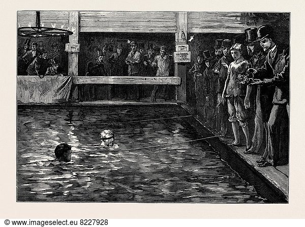 THE SIX-DAYS' SWIMMING MATCH IN LAMBETH BATHS 1879