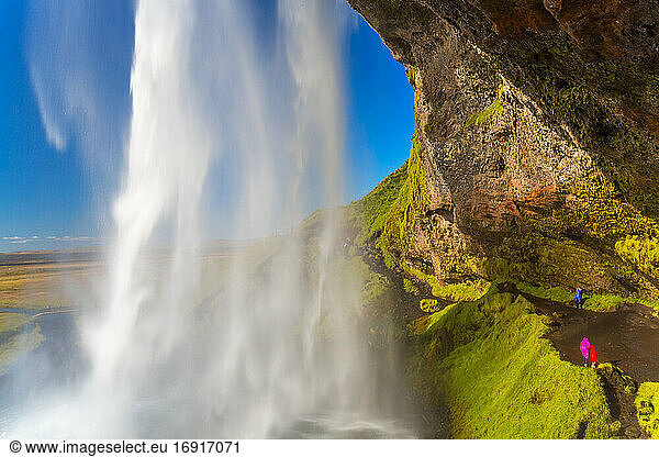 The spectacular Seljalandsfoss Waterfall  water tumbling from overhead