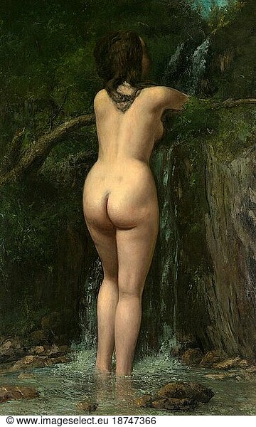 The Spring  Nude Woman Standing at a Spring  Painting by Jean Desire Gustave Courbet (10 June 1819-31 December 1877)  Historic  digitally restored reproduction from a 19th century original