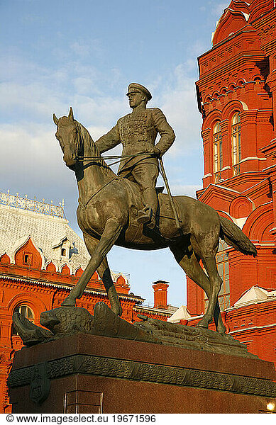 The Statue of Marshal Georgy Zhukov by the Historical museum at Manezhnaya Square  Moscow  Russia.