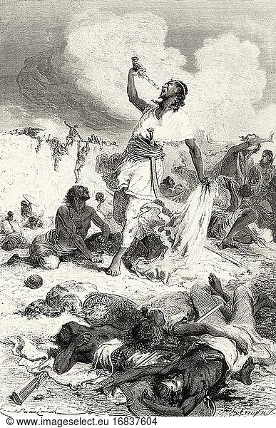 The suicide of Theodore II  Magdala  Ethiopia. Old 19th century engraved  Narrative of a Journey through Abyssinia by Guillaume Lejean from El Mundo en La Mano 1879.