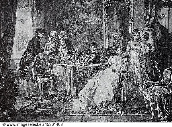 The suitor  the new bridegroom is introduced to the family circle  1880  historical woodcut  Germany  Europe