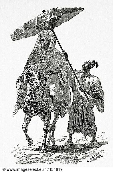 The Sultan of Morocco horseback c1890. Hassan I of Morocco (Fez  1836 - Tadla 1894) Sultan of Morocco from 1873 to 1894  North Africa. Old 19th century engraved illustration from El Mundo Ilustrado 1879.