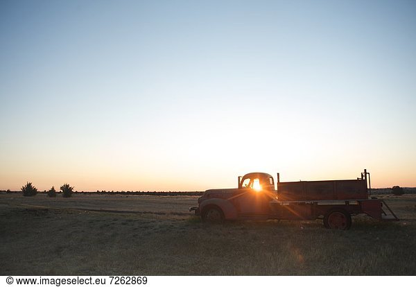 The sun beams through window of old farm truck at sunrise  Shaniko  California  United States of America  North America