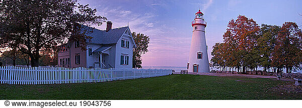 The sunset over Lake Erie at Marblehead Lighthouse in Marblehead  Ohio  USA.