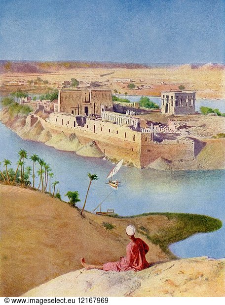 The Temple Complex on the island of Philae  Egypt c. 1920. The building of the Aswan Dam meant that the island was submerged between November and June  it was later dismantled and relocated to Agilkia island  Nile River. From The Wonders of the World  published c. 1920.