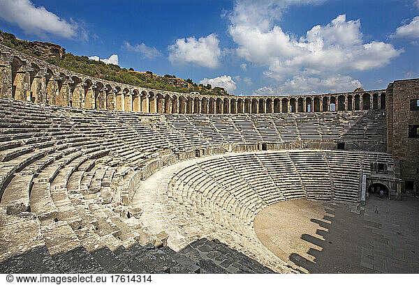 The terraces of the Aspendos Roman theatre  near Antalya  Turkey.; The Roman theatre at Aspendos  east of Antalya  on the Mediterranean coast of Anatolia  Turkey.