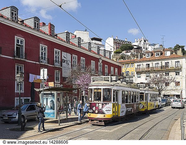 The traditional tramway in the Alfama  an icon of Lisbon. Lisbon (Lisboa) the capital of Portugal. Europe  Southern Europe  Portugal  March