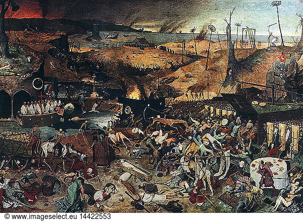 The Triumph of Death is an oil on panel  approximately 117 by 162 centimeters (46 x 63.8 in)  painted c. 1562 by Pieter Bruegel the Elder. It currently hangs in the Museo del Prado  Madrid. The painting is a panoramic landscape of death: the sky in the distance is blackened by smoke from burning cities and the sea is littered with shipwrecks. Armies of skeletons advance on the hapless living  who either flee in terror or try vainly to fight back. Skeletons kill people in a variety of ways - slitting throats  hanging  drowning  and even hunting with skeletal dogs. In the foreground  skeletons haul a wagon full of skulls  and ring the bell that signifies the death knell of the world