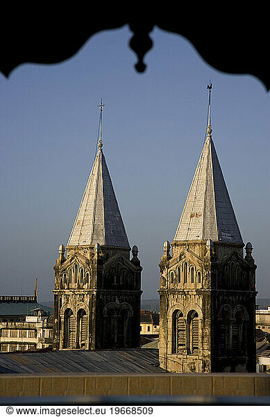 The twin spires of a cathedral in Zanzibar.