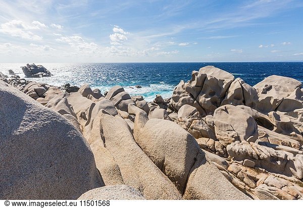 The unusual shapes of cliffs frame the turquoise sea Capo Testa Santa Teresa di Gallura Sassari Province Sardinia Italy Europe.
