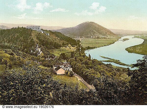 The Valhalla with a view of the Danube  Donaustauf  Bavaria  Historic  digitally enhanced reproduction of a photochrome print from 1898