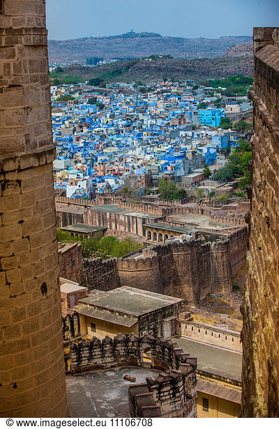 The view from Mehrangarh Fort of the blue rooftops in Jodhpur the Blue City Rajasthan India Asia