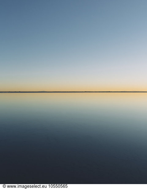 The view to the clear line of the horizon where land meets sky  across the flooded surface of Bonneville Salt Flats. Dawn light