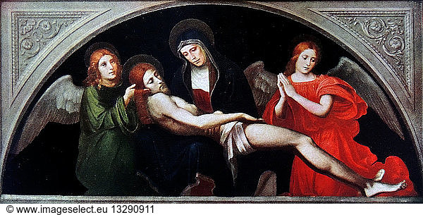 The Virgin and Two Angels Weeping Over the Dead Body of Christ. The scene depicts the Virgin Mother cradling the dead body of Christ with two angels on either side. By Francesco Raibolini (1450 - 1517) Italian painter and goldsmith from Bologna.