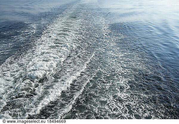 The wake from a ferry boat  foam and ripples on the ocean.