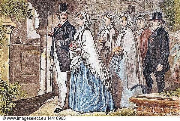 The Wedding Day" a bridal party at the church door. Chromolithograph c1885.