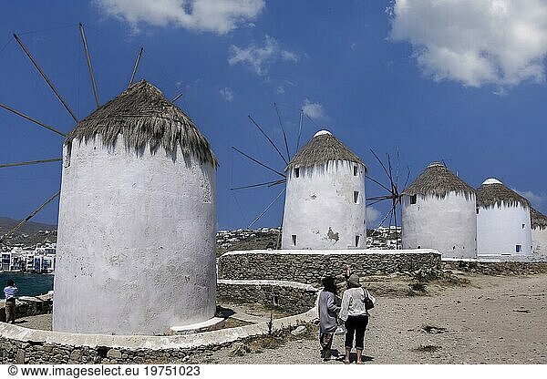 The windmills  the landmark of Mykonos  Cyclades  Greece  Europe