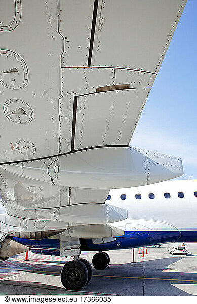 The wing flaps and structures of an aircraft wing.