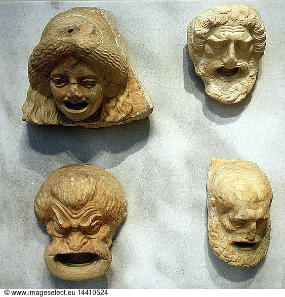 Theatre masks. In ancient drama plays  actors wore masks made of wood or linen cloth  which indicated the sex  age  character and morals of the heroes. Plays are depicted in vase-paintings in which these masks can be seen in use.