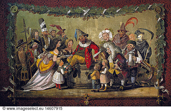 theatre  puppet theatre  curtain  'Punch and his fellow players'  painting by Franz Graf von Pocci for Puppet Theatre of Josef Leonhard Schmid  Munich  circa 1880  Munich Stadtmuseum