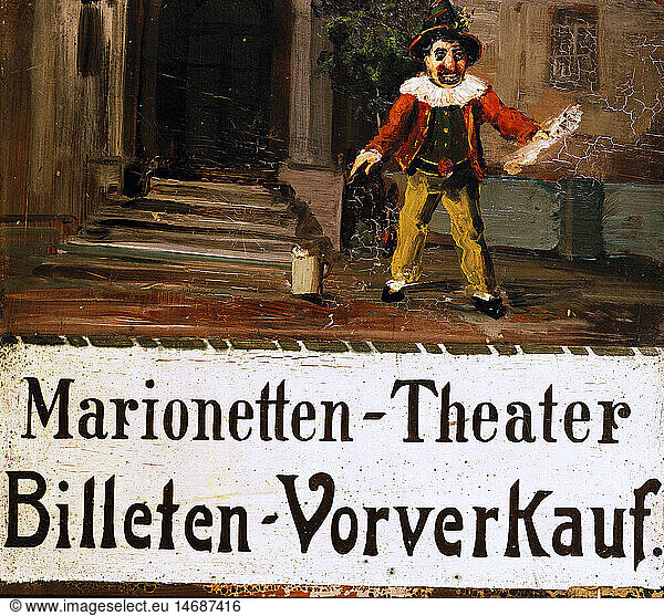 theatre  puppet theatre  ticket office sign  Puppet Theatre of Josef Leonhard Schmid  painting  Munich  circa 1900