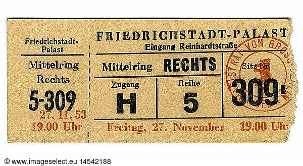 theatre / theater  ticket  Friedrichstadtpalast  Berlin  East-Germany  1953
