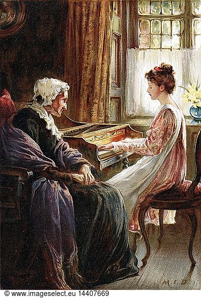 Their Evening Hymn. Chromolithograph after painting by the English artist Margaret Isabel Dicksee (1858-1903) published 1892. Young girl plays keyboard music (harpsichord?) to her aged grandmother.