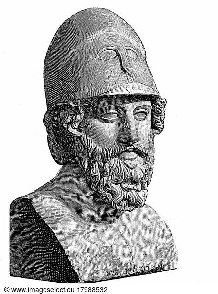 Themistocles  c. 524 B. C. c. 459 B. Statesman and commander of Athens during the Persian threat to Greece  he became victor of the Battle of Salamis and is considered the forerunner of Attic democracy  marble bust in the Vatican  Italy  digitally enhanced reproduction of a 19th century original print  Europe