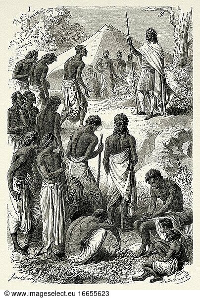Theodore II. gewährt einigen rebellischen Bauern eine Audienz  Camp d'Aure. Äthiopien. Alter Stich aus dem XIX. Jahrhundert aus Journey in Abyssinia Le Tour du Monde 1864.