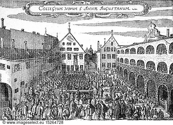 Thirty Years' War 1618 - 1648  Swedish Intervention 1630 - 1635  Protestant church service in the council of Saint Anna  Augsburg 1635  contemporary copper engraving  reconquest by Imperial troops  religious war  religious wars  religion  religions  Christianity  protestants  protestant  Protestantism  Anna-Kolleg  Imperial City  crowd  crowds  crowds of people  Holy Roman Empire  Bavaria  Germany  17th century  war  wars  Protestant  evangelic  church service  divine service  council  councils  historic  historical