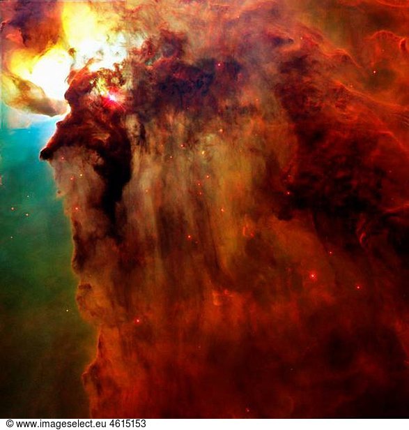 This Hubble Telescope snapshot unveils a pair of one-half  light-year-long interstellar Â¥twistersÂ¥ -- eerie funnels and twisted-rope structures upper left -- in the heart of the Lagoon Nebula M8 which lies 5 000 light-years from Earth in the direction of