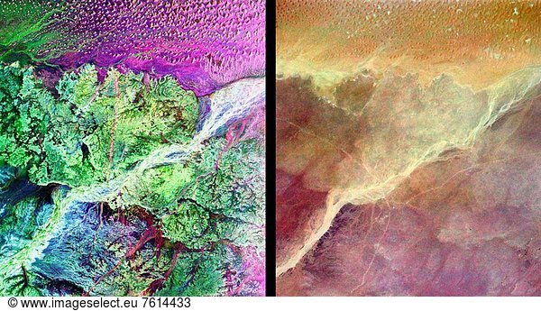This pair of images from space shows a portion of the southern Empty Quarter of the Arabian Peninsula in the country of Oman. On the left is a radar image of the region around the site of the fabled Lost City of Ubar  discovered in 1992 with the aid of remote sensing data. On the right is an enhanced optical image taken by the shuttle astronauts. Ubar existed from about 2800 BC to about 300 AD. and was a remote desert outpost where caravans were assembled for the transport of frankincense across the desert. The actual site of the fortress of the Lost City of Ubar  currently under excavation  is too small to show in either image. However  tracks leading to the site  and surrounding tracks  show as prominent  but diffuse  reddish streaks in the radar image. Although used in modern times  field investigations show many of these tracks were in use in ancient times as well. Mapping of these tracks on regional remote sensing images provided by the Landsat satellite was a key to recognizing the site as Ubar. The prominent magenta colored area is a region of large sand dunes. The green areas are limestone rocks  which form a rocky desert floor. A major wadi  or dry stream bed  runs across the scene and appears as a white line. The radar images  and ongoing field investigations  will help shed light on an early civilization about which little in known. The radar image was taken by the Spaceborne Imaging Radar C/X_Band Synthetic Aperture Radar SIR_ C/X_ SAR and is centered at 18 degrees North latitude and 53 degrees East longitude. The image covers an area about 50 kilometers by 100 kilometers 31 miles by 62 miles. The colors in the image are assigned to different frequencies and polarizations of the radar as follows: red is L_band  horizontally transmitted  horizontally received  blue is C_band horizontally transmitted  horizontally received  green is L_band horizontally transmitted  vertically received. SIR_C/X_SAR  a joint mission of the German  Italian and the United States space agencies  is part of NASA´s Mission to Planet Earth.