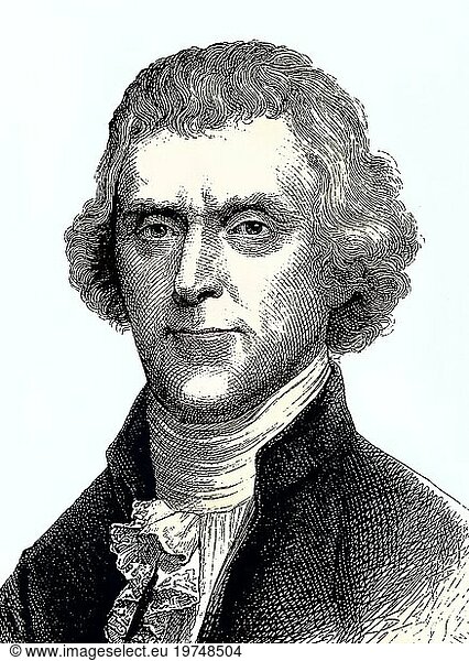 Thomas Jefferson  1743  1826  der dritte Präsident der Vereinigten Staaten  der hauptsächliche Verfasser der amerikanischen Unabhängigkeitserklärung  Historisch  digital restaurierte Reproduktion von einer Vorlage aus dem 19. Jahrhundert  koloriert  the third President of the United States  the principal author of the American Declaration of Independence  Historical  digitally restored reproduction from a 19th century original  coloured