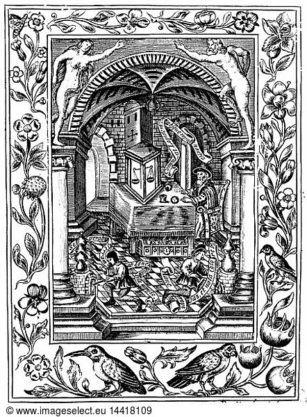 Thomas Norton"s (fl1477) laboratory. Engraving after manuscript in British Museum  London  which is probably earliest illustration of balance in glass case. From Elias Ashmole "Theatrum Chemicum Britannicum" London 1652. Engraving.
