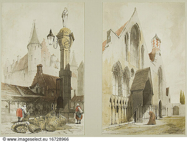 Thomas Shotter Boys  1789–1850). Fish Market  Antwerp and Hospice des Vieillards  Cand  from Picturesque Architecture in Paris  Ghent  Antwerp  Touen  etc.  1839. Two lithographs  with hand-coloring  on paper  laid down on paper  274 × 170 mm.
Inv. No. 1940.110.16 
Chicago  Art Institute.