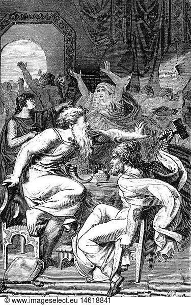 Thor (Donar)  germanischer Gott des Donner  bei dem Riesen Thrymr  Xylografie  1887