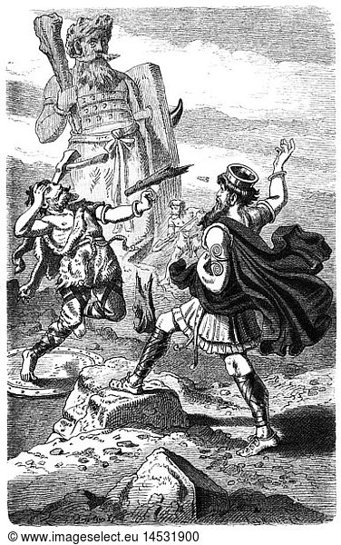 Thor (Donar)  germanischer Gott des Donner  Zweikampf mit dem Riesen Hrungnir  Xylografie nach Zeichnung von Carl Emil Doepler  1887