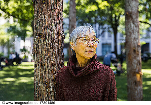 Thoughtful senior woman with gray hair standing by tree at public park
